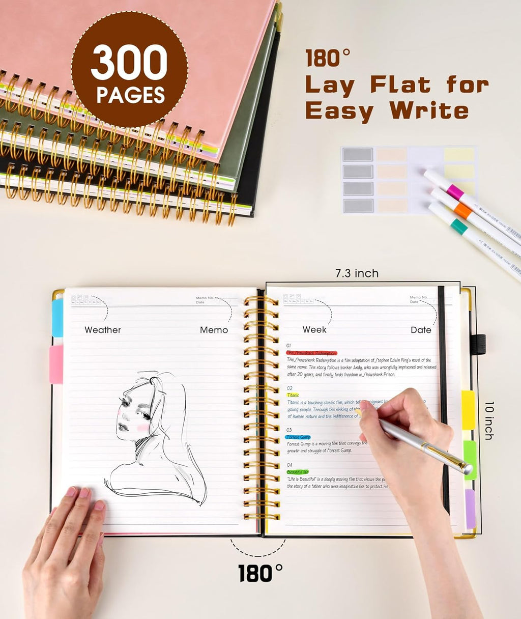 Hardcover Spiral Notebook journal with Removable Dividers Tabs, 300 Pages Leather 5 Subject Notebook College Ruled, 8"x10" Large B5 Notebooks for Work School Note taking, Lined Journal for Women,Black