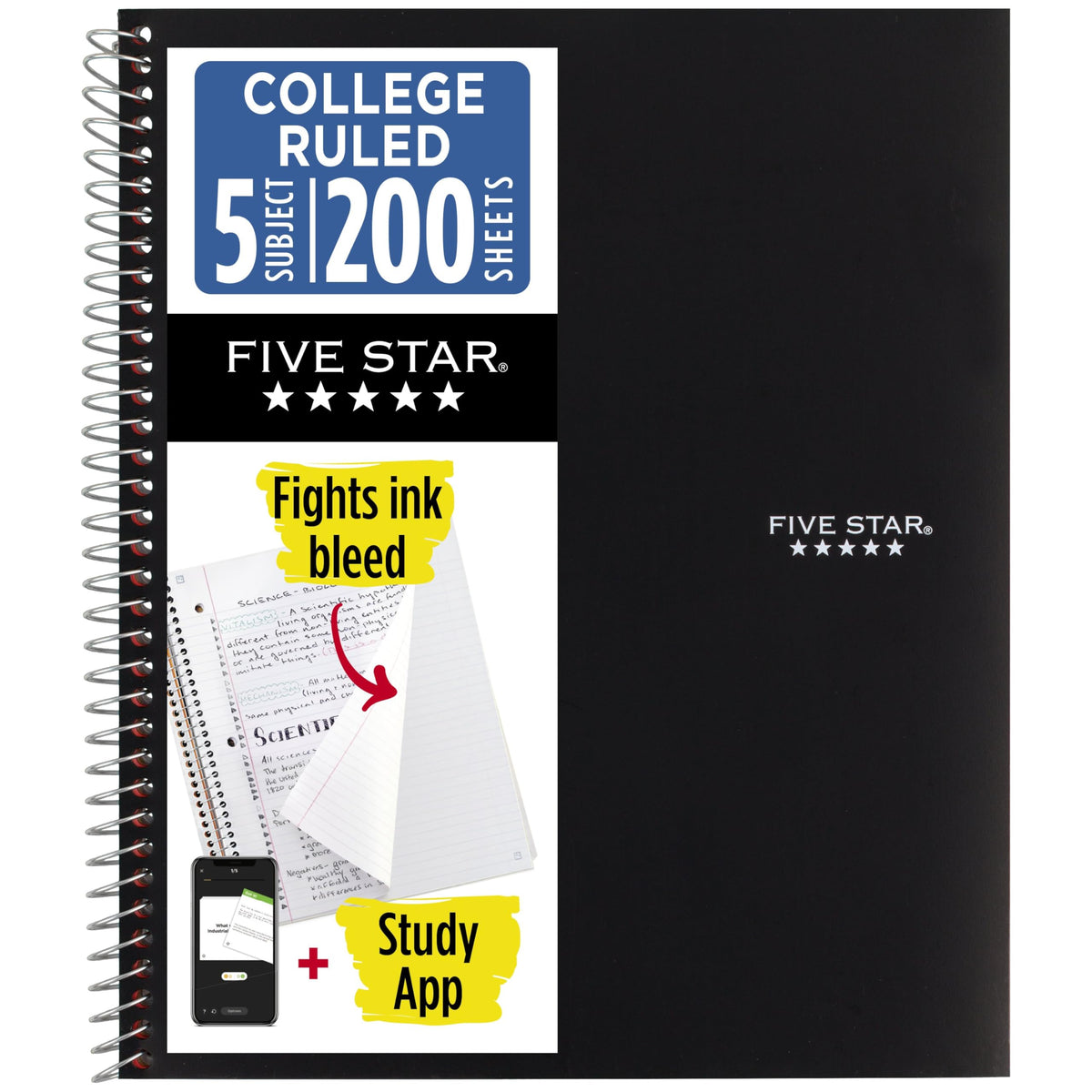 Five Star Spiral Notebook + Study App, 6 Pack, 5 Subject, College Ruled Paper, Fights Ink Bleed, Water Resistant Cover, 8-1/2" x 11", 200 Sheets, Assorted Colors (73793)