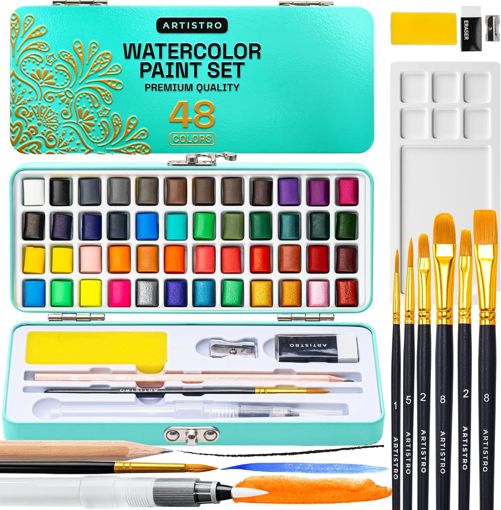 ARTISTRO Vivid Watercolor Paint Set with Palette & Brush Pens