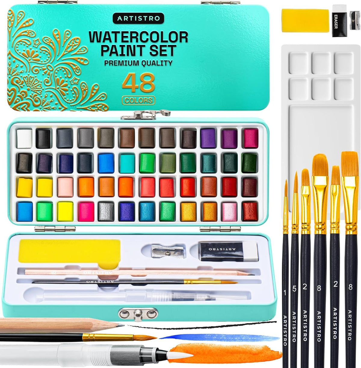 ARTISTRO Vivid Watercolor Paint Set with Palette & Brush Pens