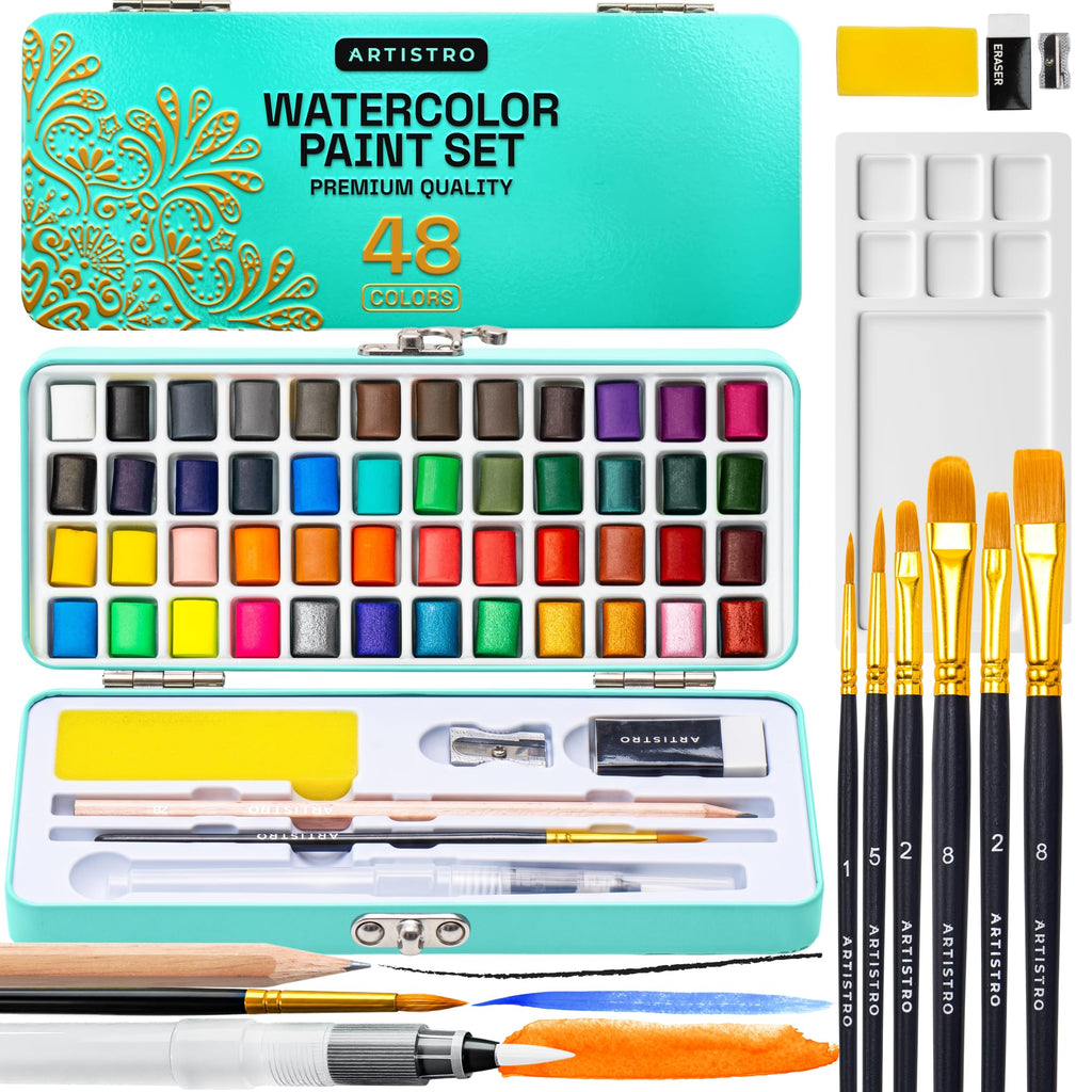ARTISTRO Vivid Watercolor Paint Set with Palette & Brush Pens