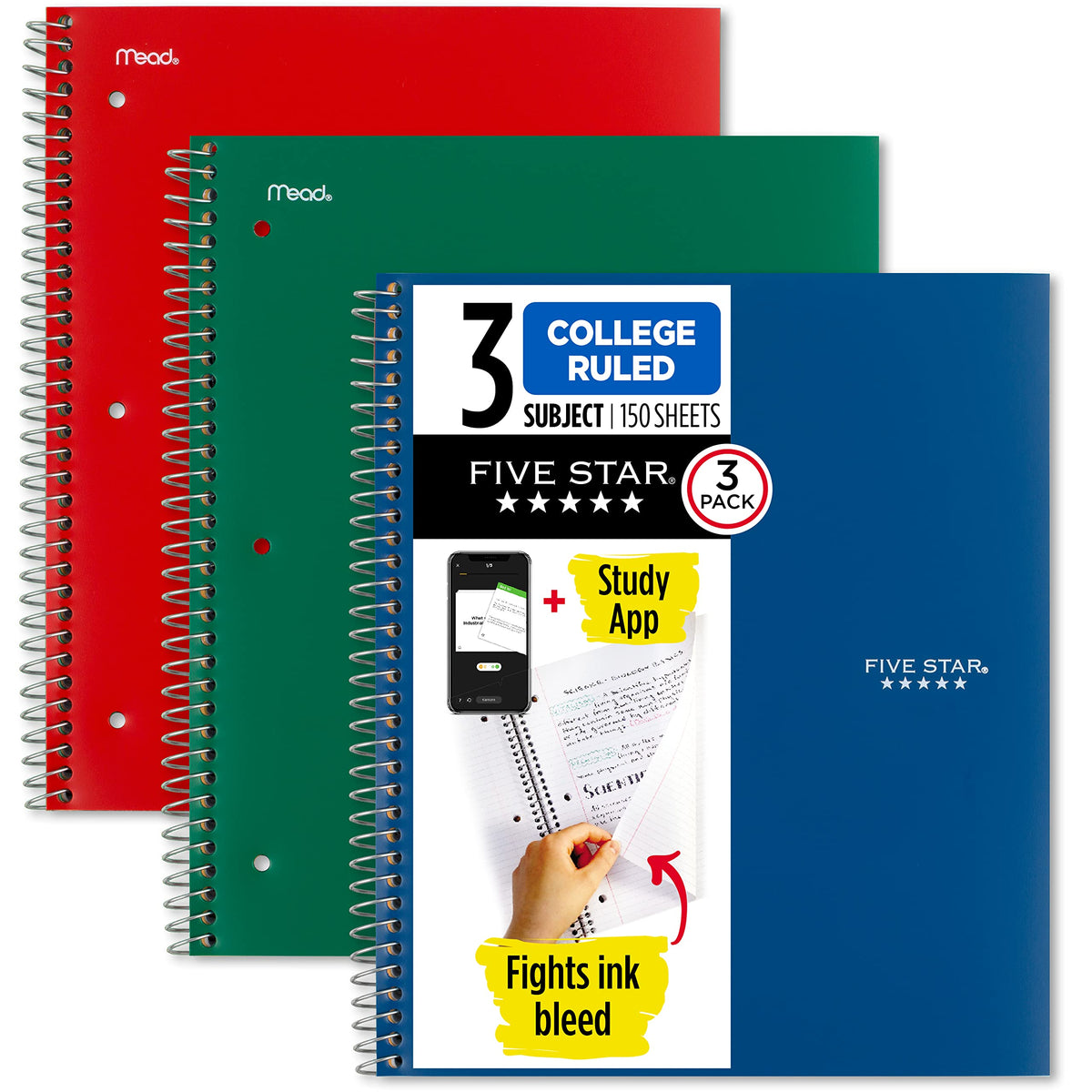 Five Star Spiral Notebook + Study App, 3 Pack, 3 Subject, College Ruled Paper, Fights Ink Bleed, Water Resistant Cover, 8-1/2" x 11", 150 Sheets, Green, Red, Blue (820193)