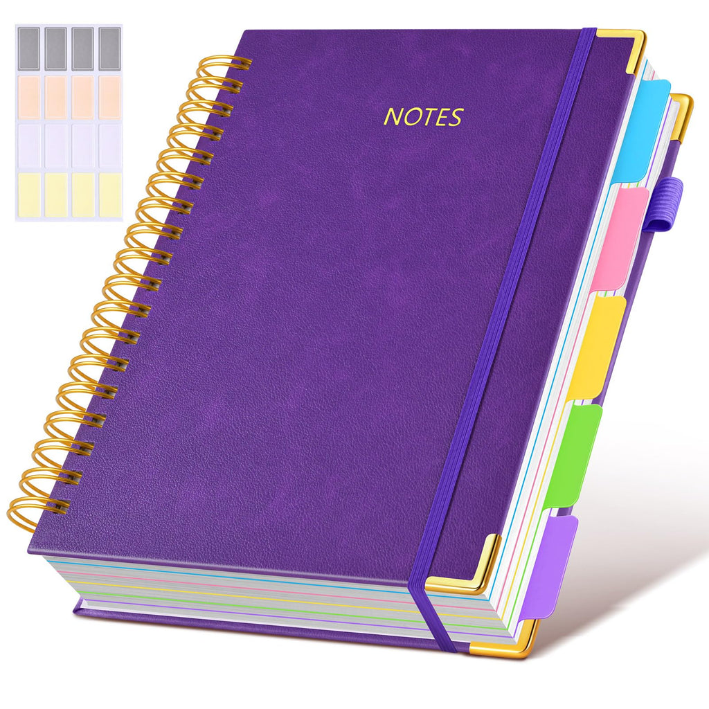 Hardcover Spiral Notebook journal with Removable Dividers Tabs, 300 Pages Leather 5 Subject Notebook College Ruled, 8"x10" Large B5 Notebooks for Work School Note taking, Lined Journal for Women,Black