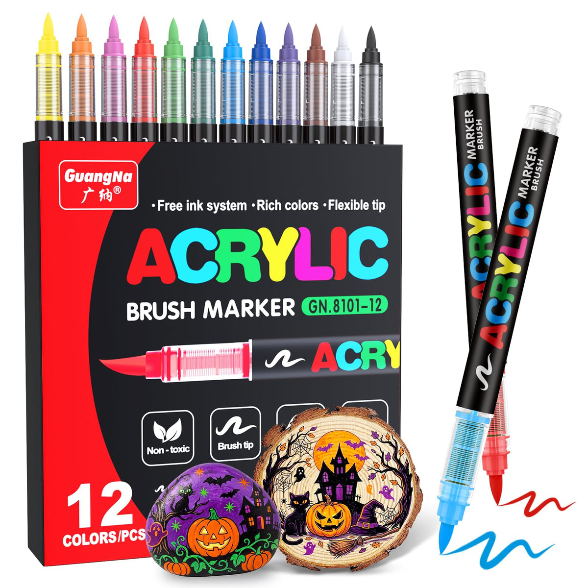 Guangna Acrylic Paint Markers Brush Tip, 72 Vivid Colors with Direct-Liquid Ink Control System, Professional-Grade Paint Pen for Rock Painting, Canvas, Glass, Plastic, Fabric & Creative Crafts