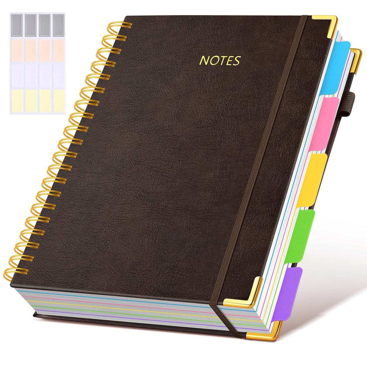 Hardcover Spiral Notebook journal with Removable Dividers Tabs, 300 Pages Leather 5 Subject Notebook College Ruled, 8"x10" Large B5 Notebooks for Work School Note taking, Lined Journal for Women,Black