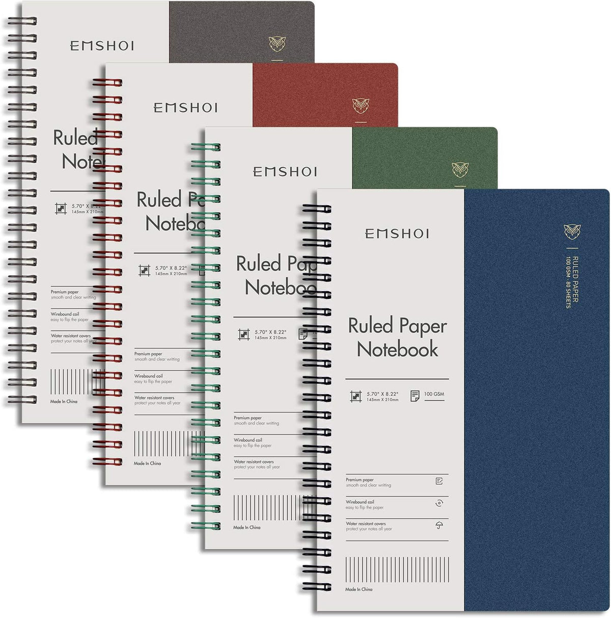 EMSHOI Lined Spiral Journal Notebook, 4 Pack, 640 Pages, A5 (5.7" x 8.2")