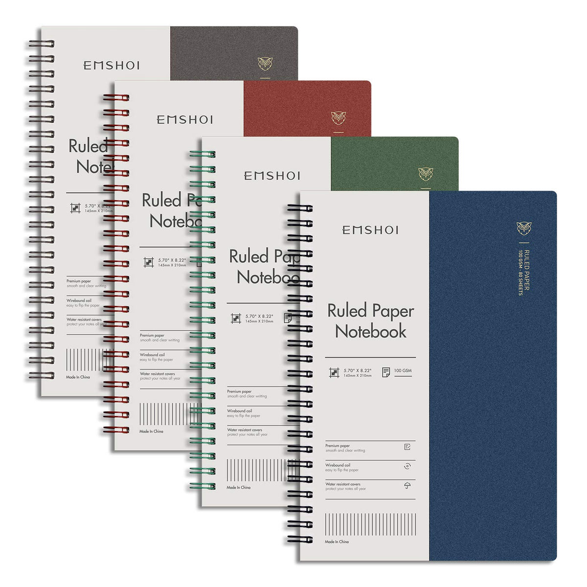 EMSHOI Lined Spiral Journal Notebook, 4 Pack, 640 Pages, A5 (5.7" x 8.2")