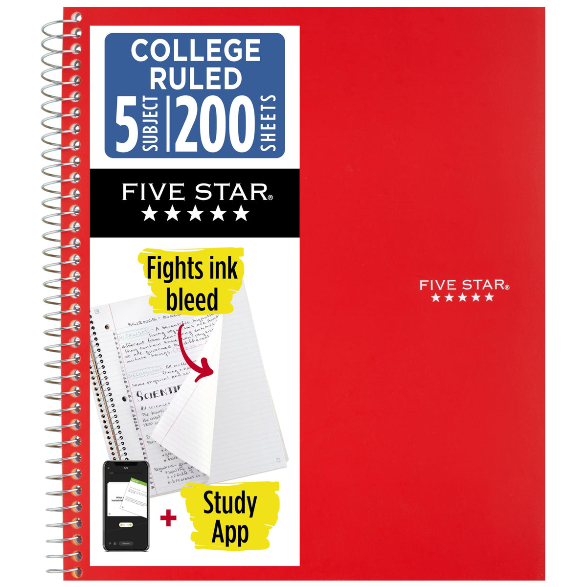 Five Star Spiral Notebook + Study App, 6 Pack, 5 Subject, College Ruled Paper, Fights Ink Bleed, Water Resistant Cover, 8-1/2" x 11", 200 Sheets, Assorted Colors (73793)