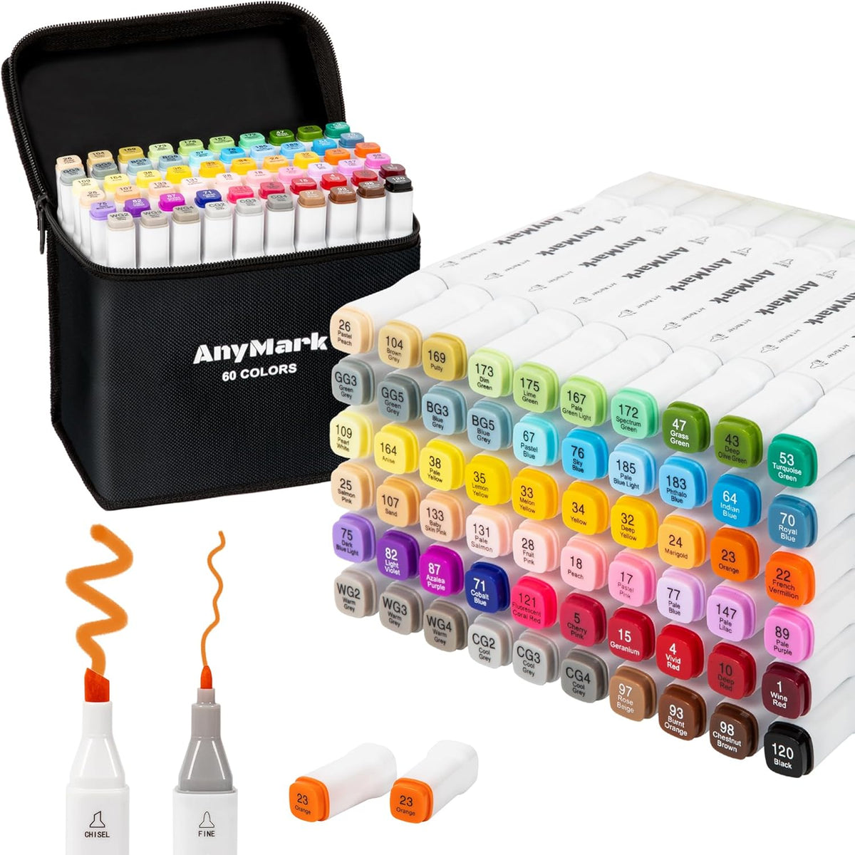 AnyMark 60 Colors Alcohol Markers Chisel & Fine Dual Tip