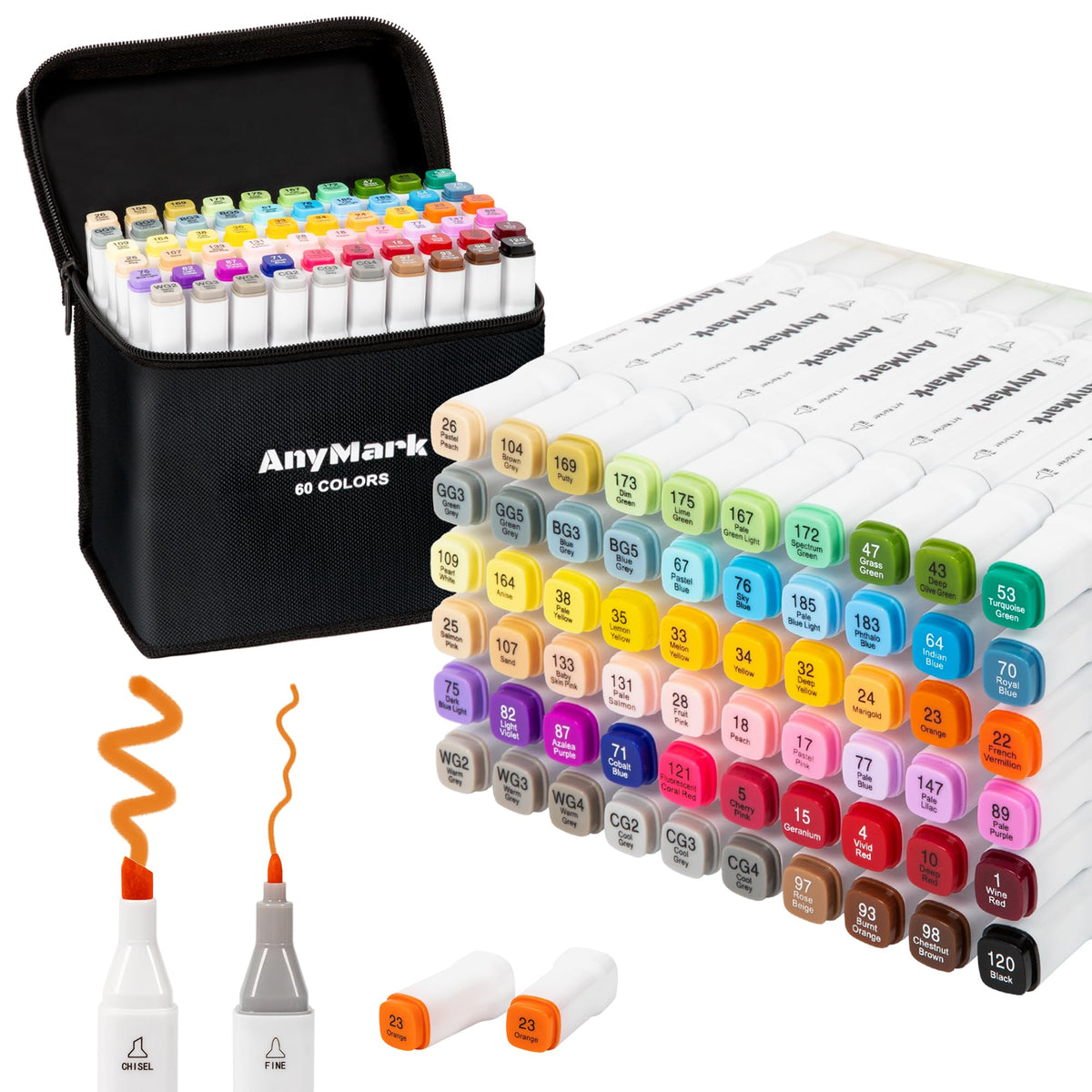 AnyMark 60 Colors Alcohol Markers Chisel & Fine Dual Tip