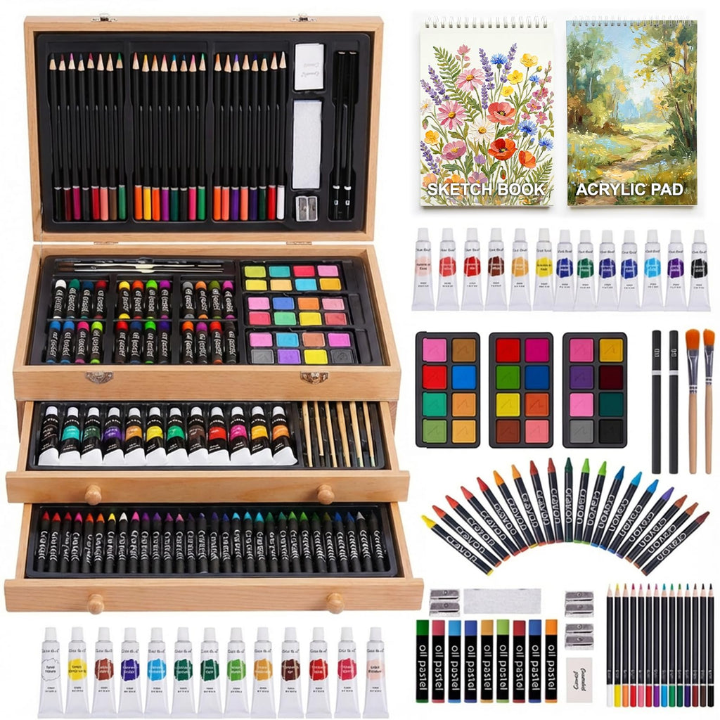 TMOL Art Supplies, 175-Pack Deluxe Art Set Drawing Painting Kit with 2 Drawing Pads, Acrylic Paints, Colored Pencils, Crayons, Art Kit in Wooden Case, Gift for Artist, Adults, Teens and Kids