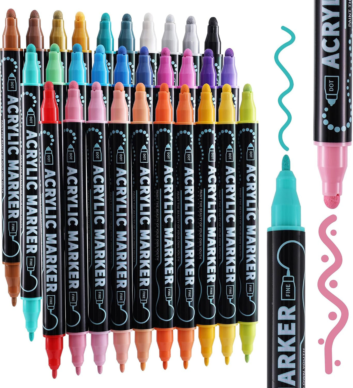 nauets 30 Colors Precision Dual Tip Acrylic Paint Markers Pens - Dot & Fine