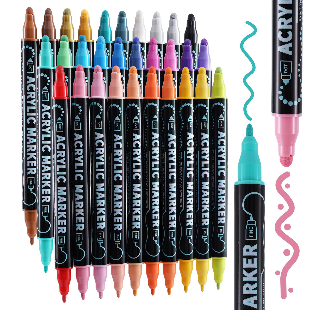 nauets 30 Colors Precision Dual Tip Acrylic Paint Markers Pens - Dot & Fine