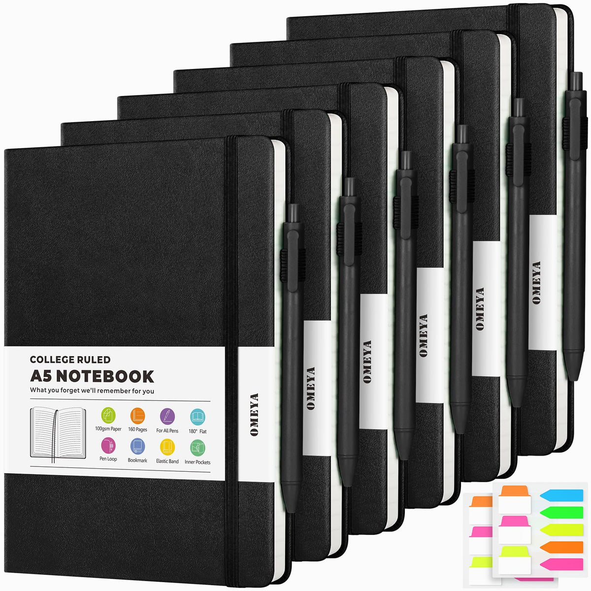 OMEYA A5 Hardcover Notebooks for Work: 6 Pack, 100gsm Paper, 160 Pages Each