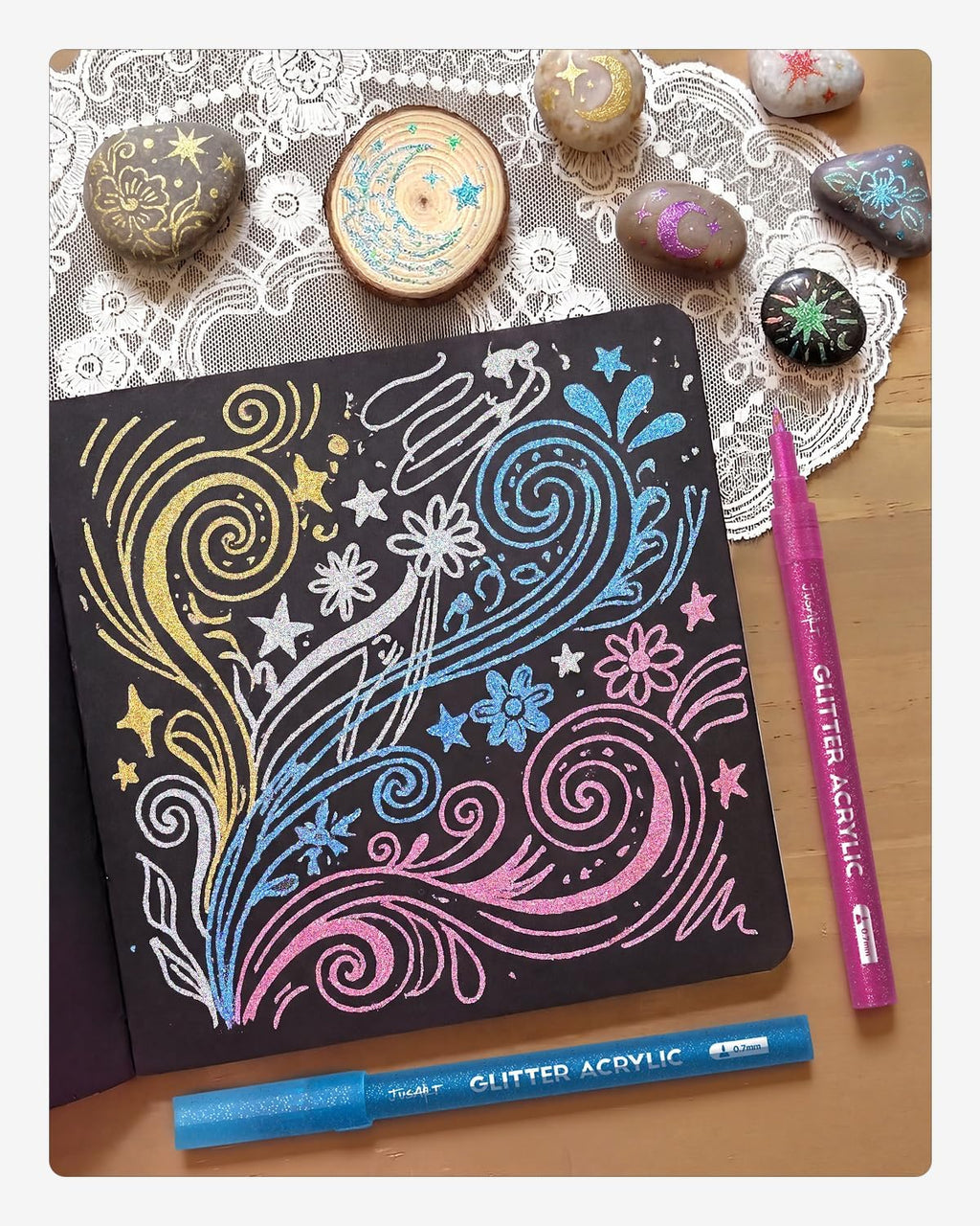 JusArt 16 Colors Glitter Markers, Glitter Pens, 0.7mm Acrylic Paint Markers