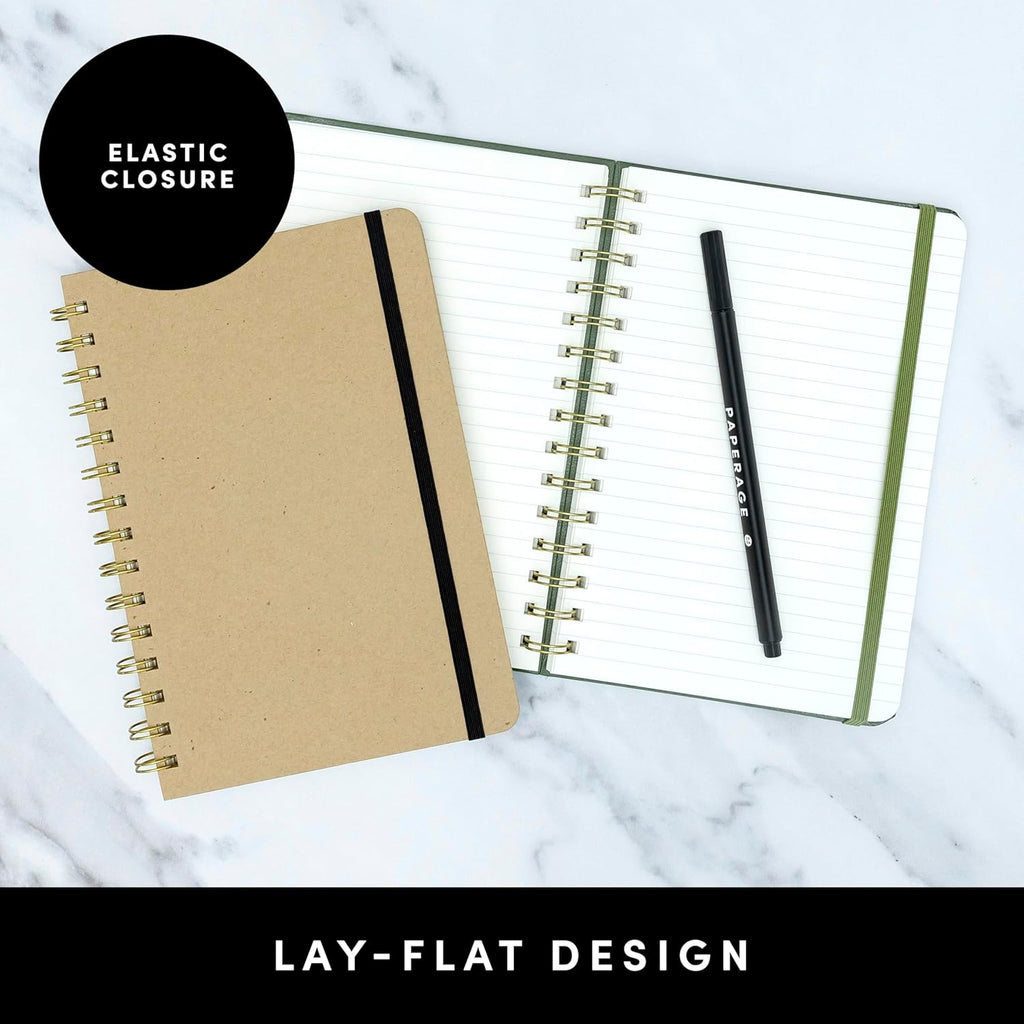 PAPERAGE Lined Spiral Journal Notebook, (Navy, Olive Green, Kraft), 3 Pack, 160 Pages, Medium 5.5 inches x 8 inches - 100 GSM Thick Paper, Hardcover, Double-Wire Spiral Journal & Notebook