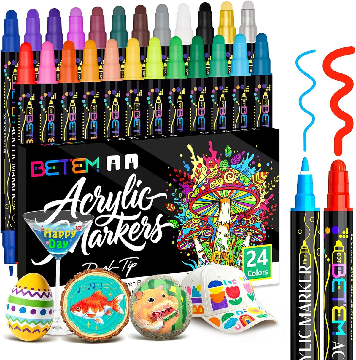 Betem 24 Colors Dual Tip Acrylic Paint Markers, Fabric Decorating Kits