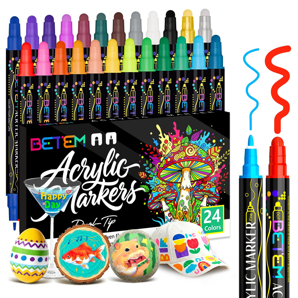 Betem 24 Colors Dual Tip Acrylic Paint Markers, Fabric Decorating Kits