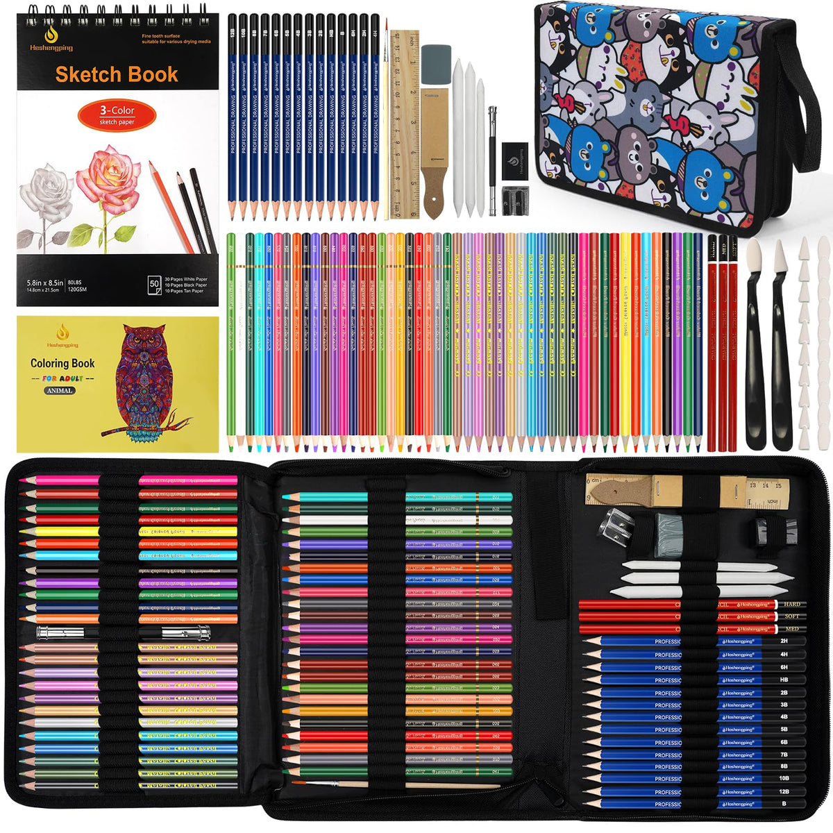 100 Art Supplies Drawing Kit Pro Drawing Supplies Set has 3-Color Sketchbook Coloring book Graphite Colored Charcoal Watercolor Pencils Drawing Set Gifts Case for Artists Adults Family