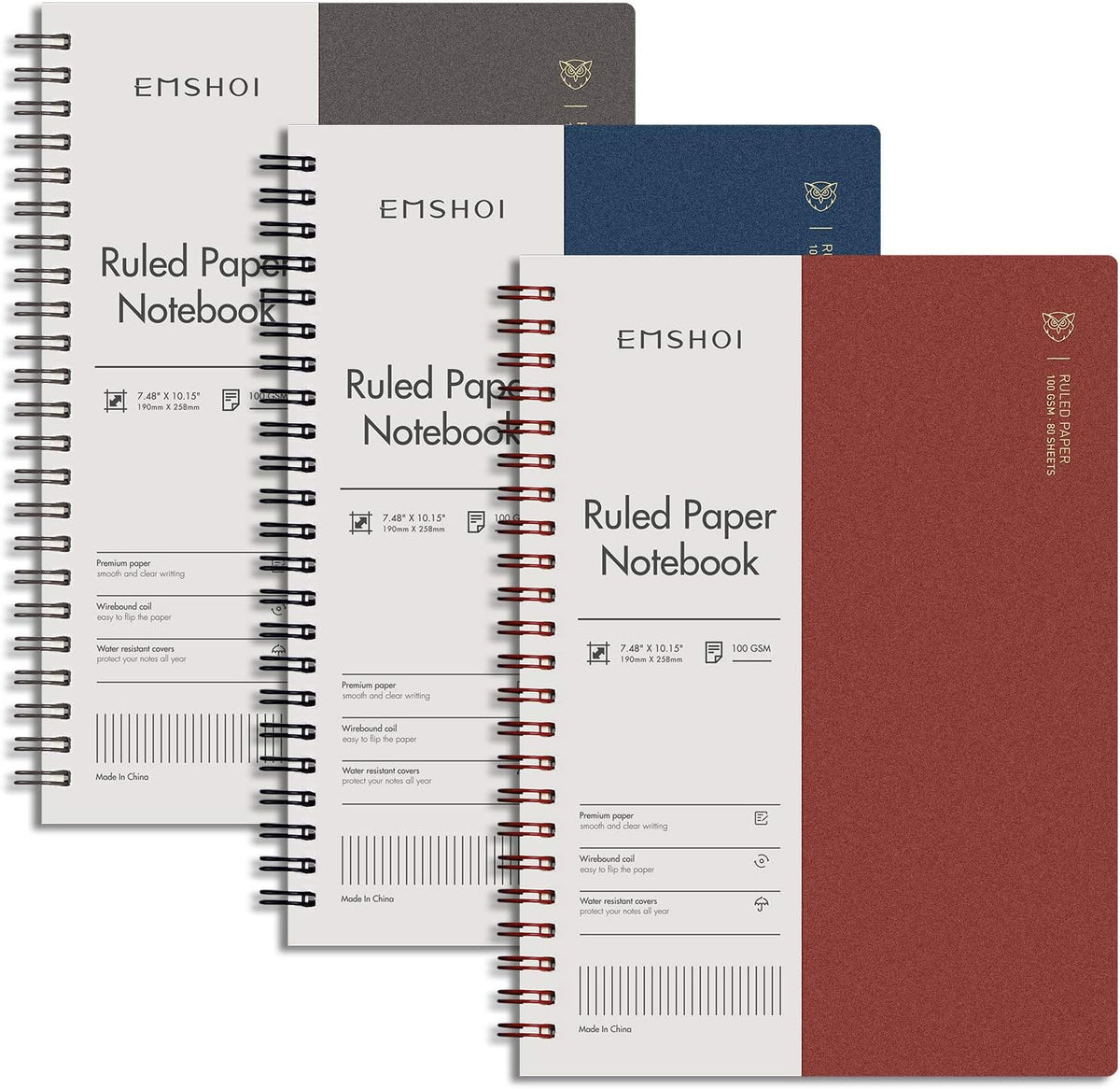 EMSHOI Lined Spiral Journal Notebook, 3 Pack, 480 Pages, B5 (7.4" x 10")