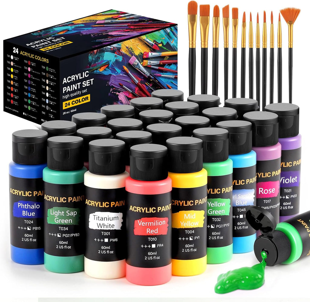 TMOL Acrylic Paint Set, 24 Colors (2 oz/Bottle) with 12 Art Brushes, Art Supplies for Painting Canvas, Wood, Ceramic & Fabric, Rich Pigments Lasting Quality for Beginners, Professional