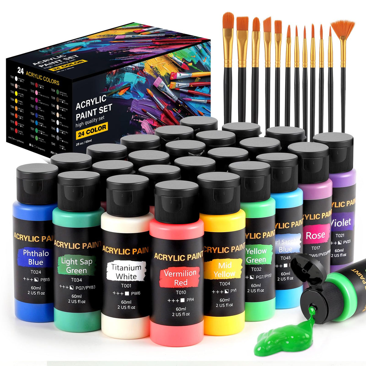 TMOL Acrylic Paint Set, 24 Colors (2 oz/Bottle) with 12 Art Brushes, Art Supplies for Painting Canvas, Wood, Ceramic & Fabric, Rich Pigments Lasting Quality for Beginners, Professional