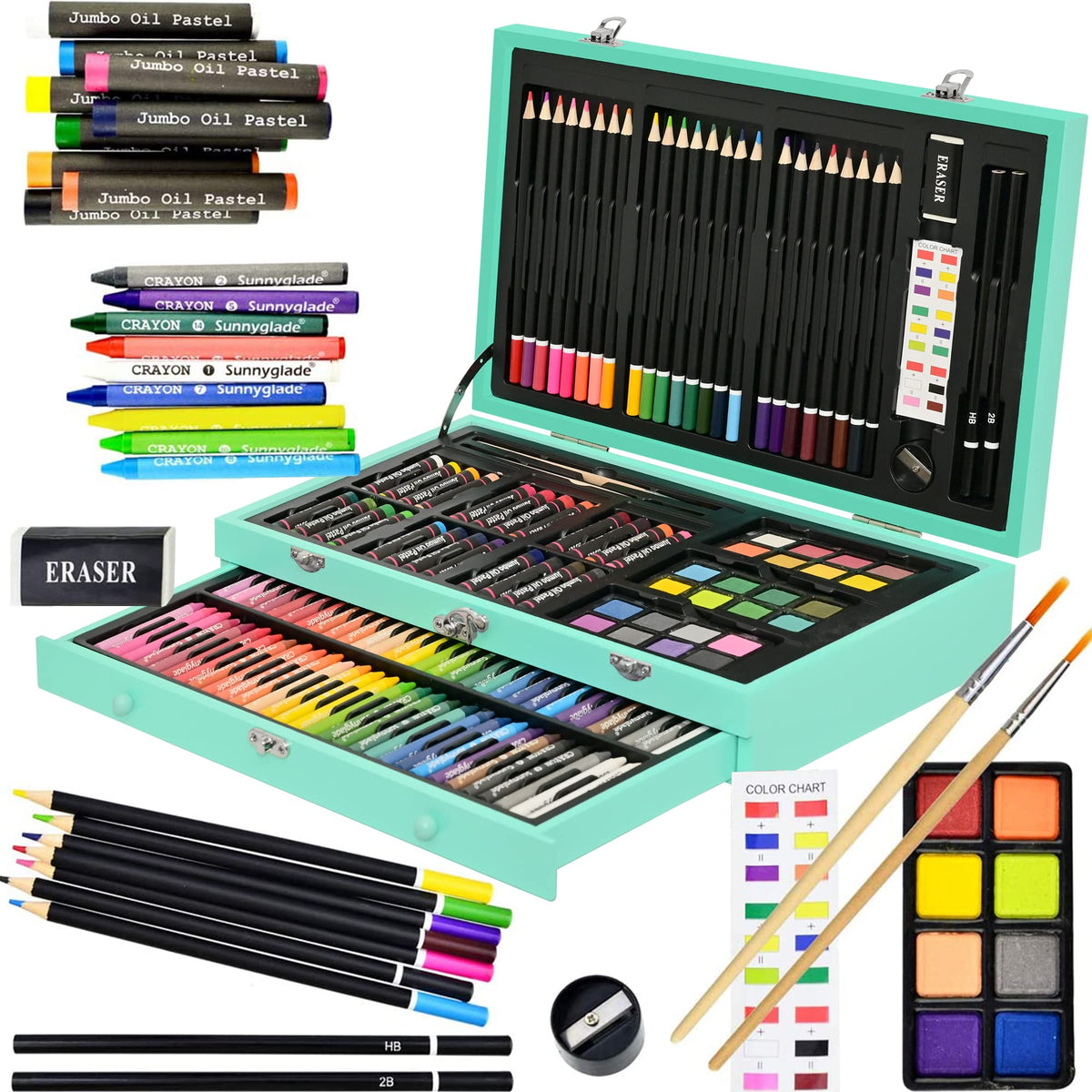 Sunnyglade 145 Piece Deluxe Art Set Wooden Art Box & Drawing Kit Cherry