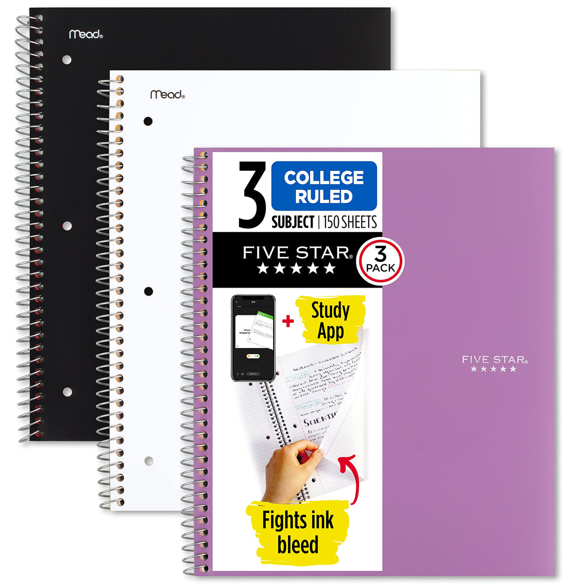 Five Star Spiral Notebook + Study App, 3 Pack, 3 Subject, College Ruled Paper, Fights Ink Bleed, Water Resistant Cover, 8-1/2" x 11", 150 Sheets, Green, Red, Blue (820193)