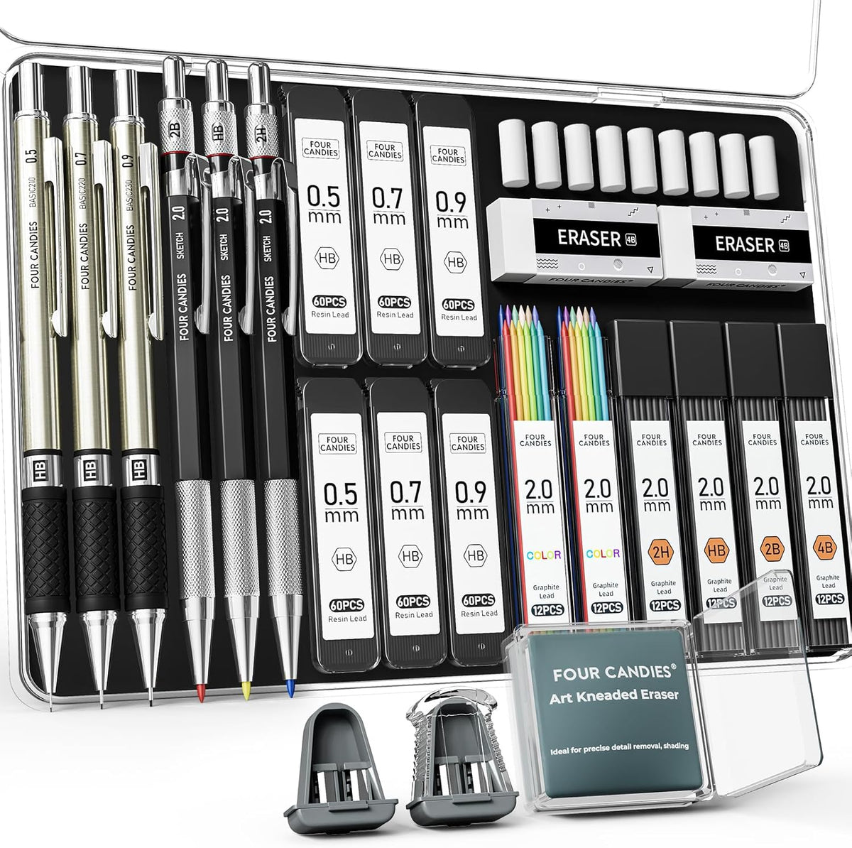 Four Candies 25PCS Mechanical Pencil Set, 0.5, 0.7, 0.9 ＆ 2mm, Storage Case