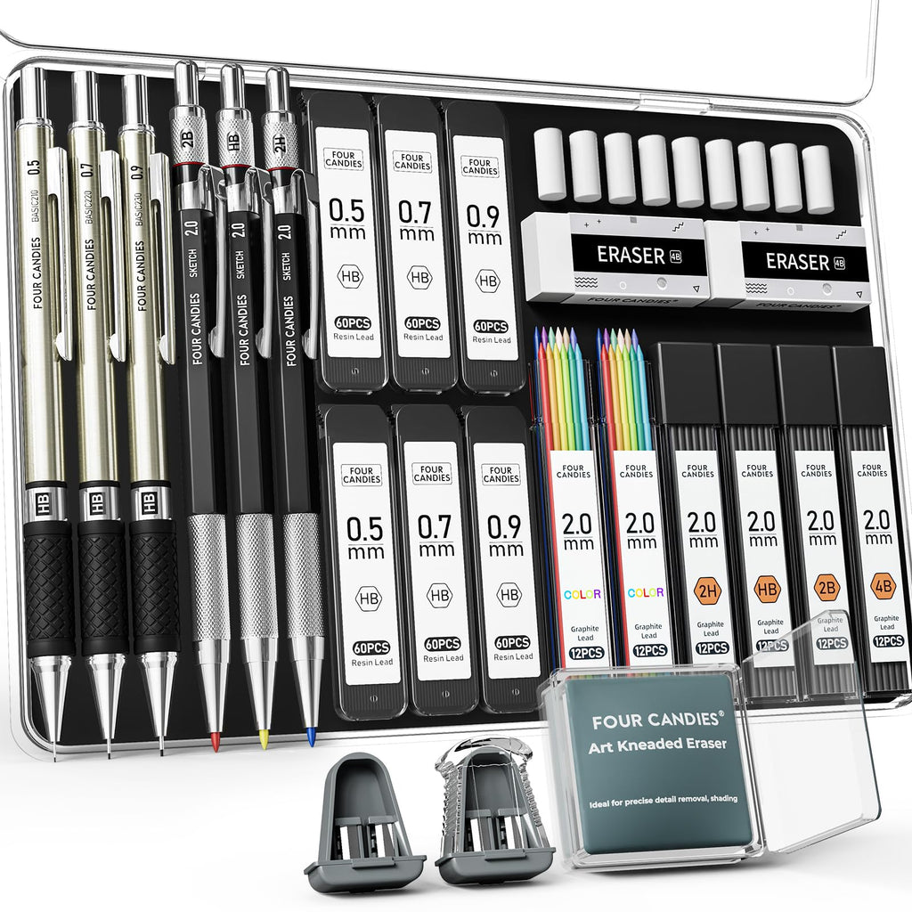 Four Candies 25PCS Mechanical Pencil Set, 0.5, 0.7, 0.9 ＆ 2mm, Storage Case