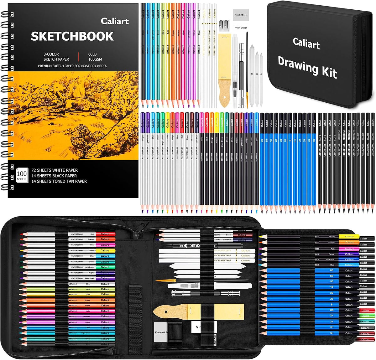 Caliart 176PCS Art Supplies Sketching Kit, 100 Sheets 3-Color Sketch Book