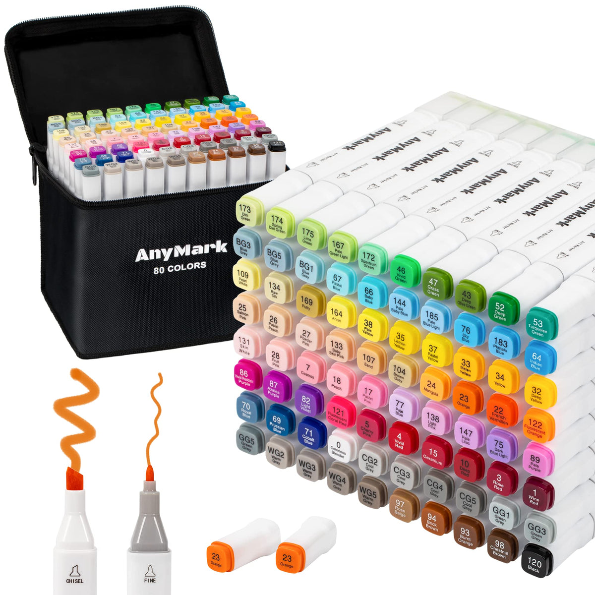 AnyMark 60 Colors Alcohol Markers Chisel & Fine Dual Tip