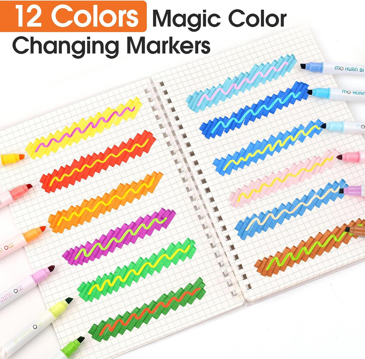 HANKU 12 Pack Color Changing Highlighter Markers, Dual-Tip Magic Highlighters, Assorted Colors Journaling Drawing School Office Art Supplies