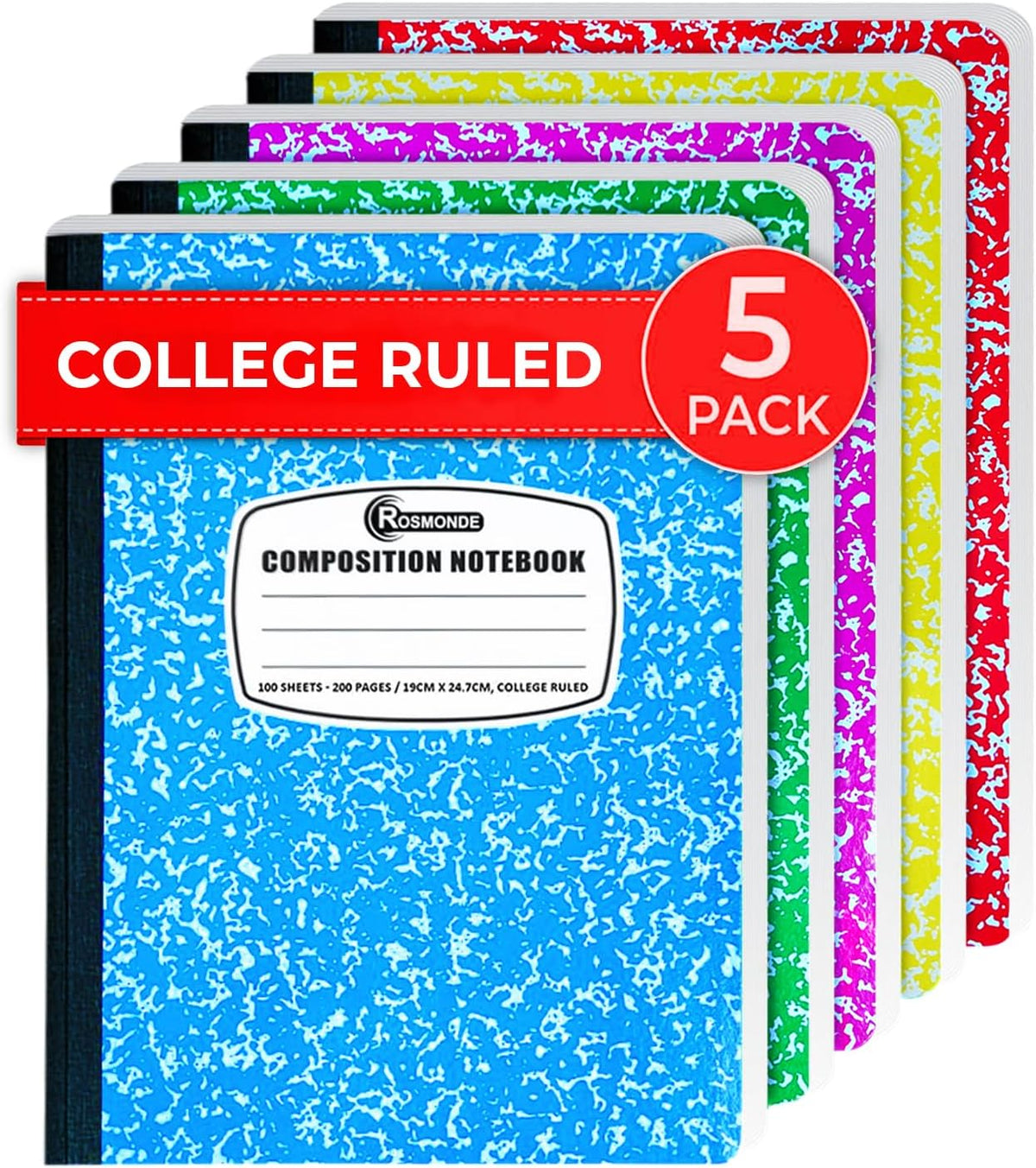 Rosmonde 5 Pack Composition Notebooks College Ruled, Color Marble Notebooks