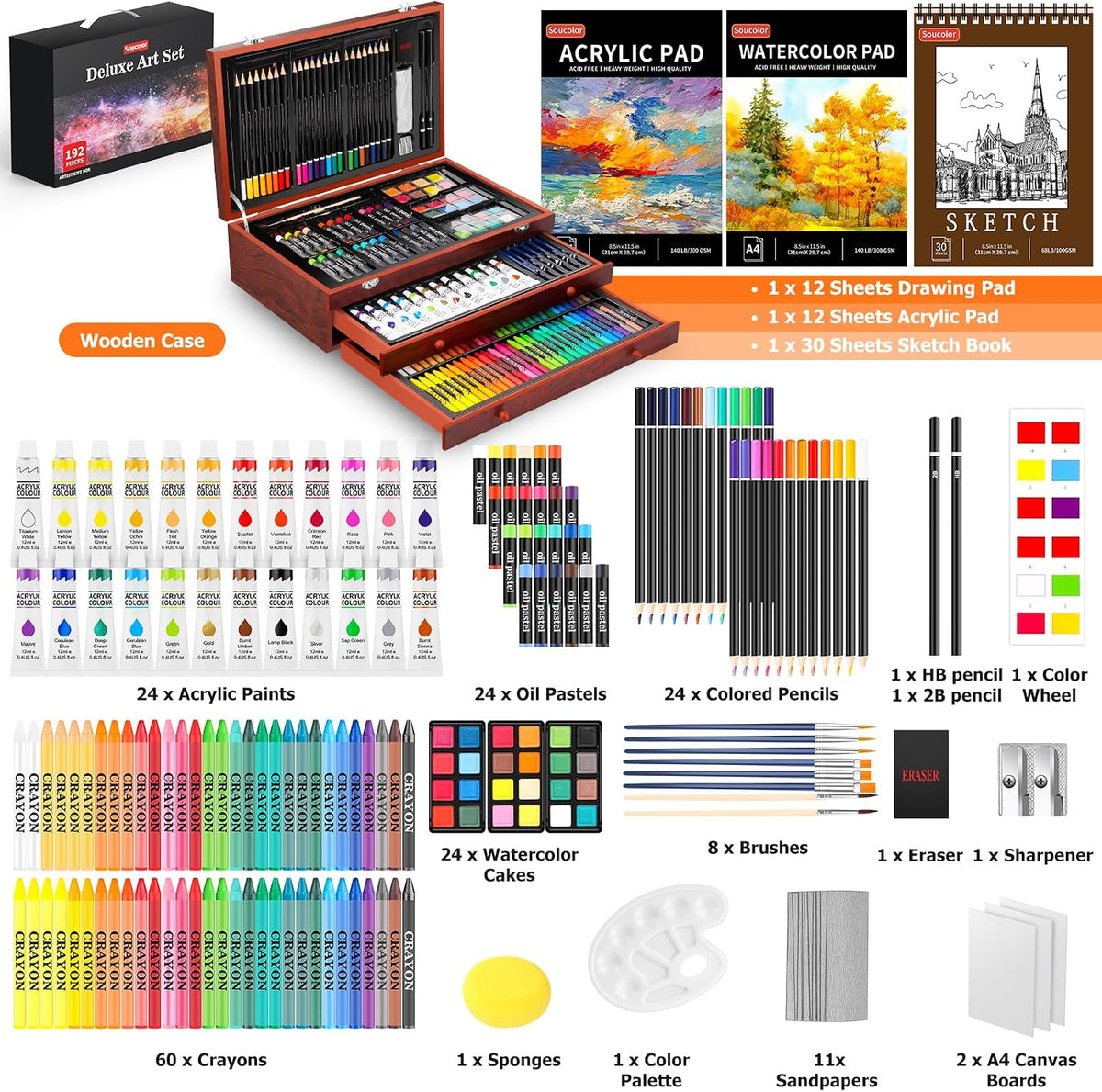Soucolor Art Supplies,192 Pack Deluxe Art Set Drawing Painting Supplies Kit