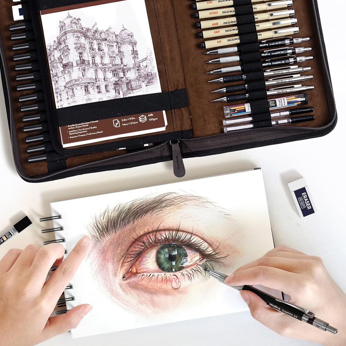 Nicpro 58PCS Art Drawing Supplies Kit, Leather Case, Art Supplies for Adult