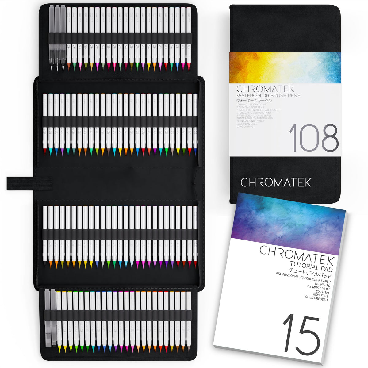 CHROMATEK 54 Watercolor Pens Set | Including 15 Page Pad & Online Video Tutorial Series | 4 Aquapens & 50 Unique Colors | Brush Pens | Easily Blendable, Vivid, Smooth | Professional Art Supplies