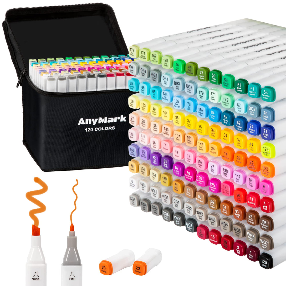 AnyMark 60 Colors Alcohol Markers Chisel & Fine Dual Tip