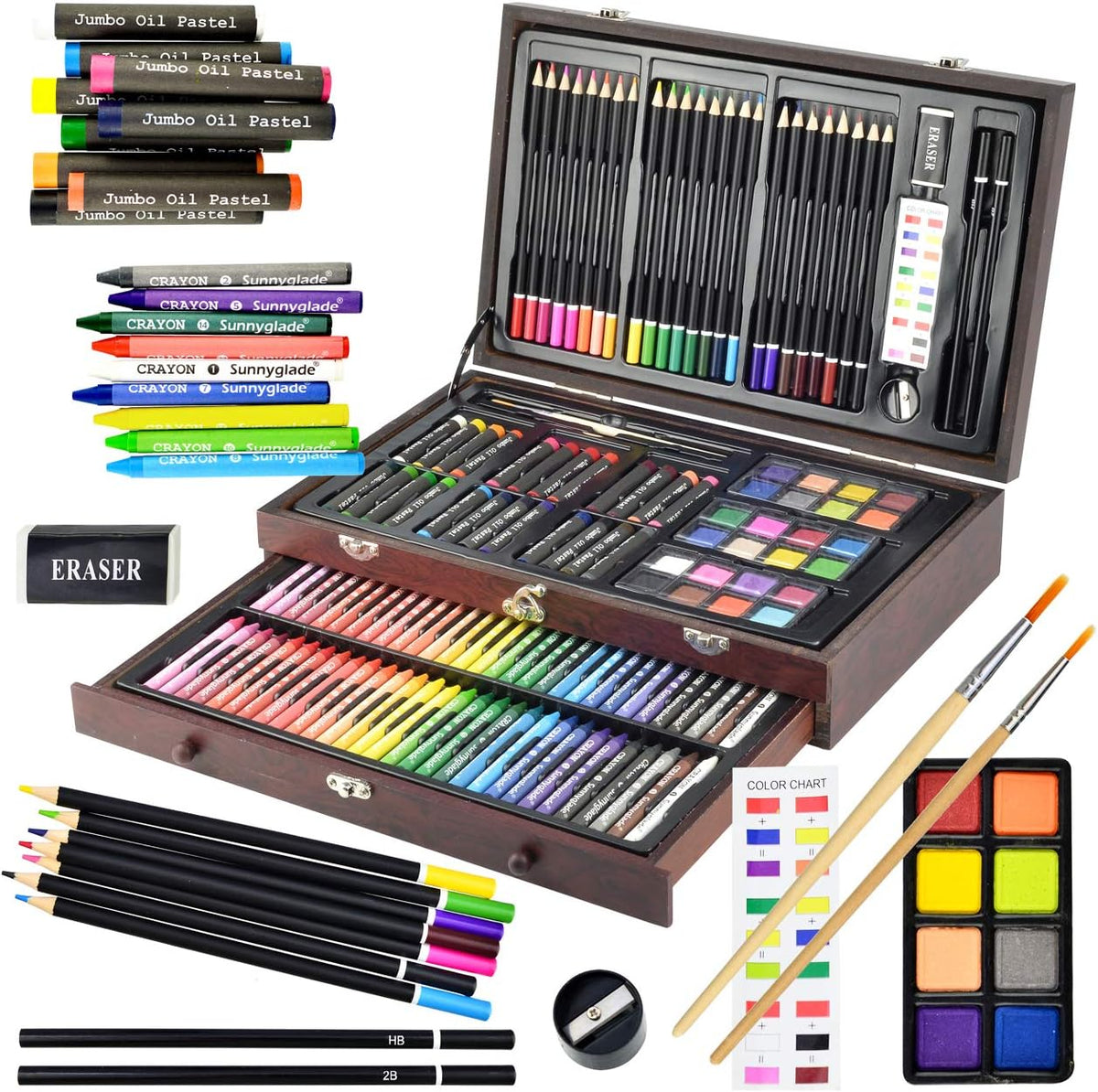 Sunnyglade 145 Piece Deluxe Art Set Wooden Art Box & Drawing Kit Cherry