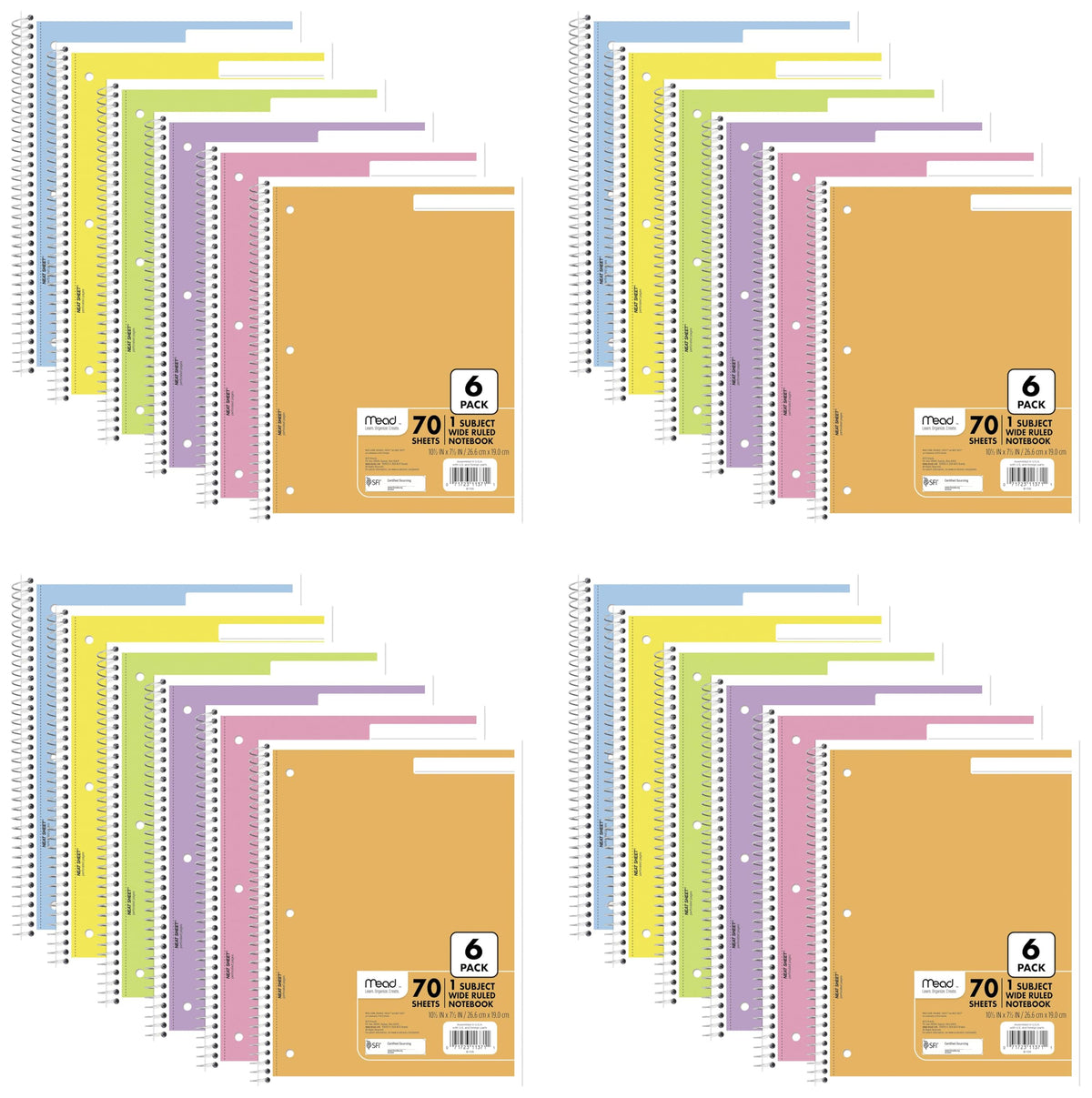 Mead Spiral Notebook, 6 Pack, 1 Subject, College Ruled Paper, 7-1/2" x 10-1/2", 70 Sheets per Notebook, Assorted Pastel Colors (830049)