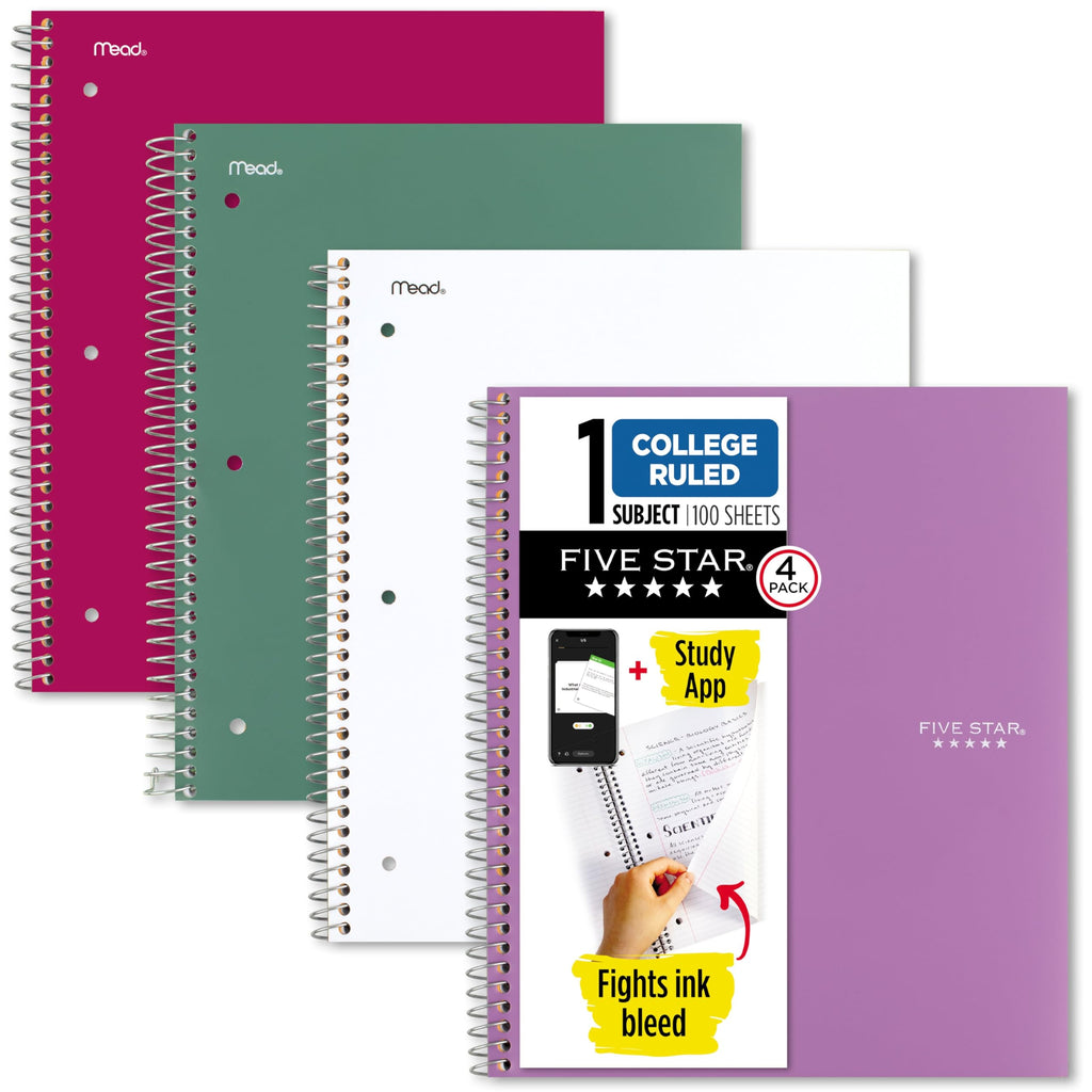 Five Star Spiral Notebook + Study App, 4 Pack, 1 Subject, Wide Ruled Paper, 8" x 10-1/2", 100 Sheets, Fights Ink Bleed, Water Resistant Cover, Purple, Pink, Gray and Blue (930105-ECM)