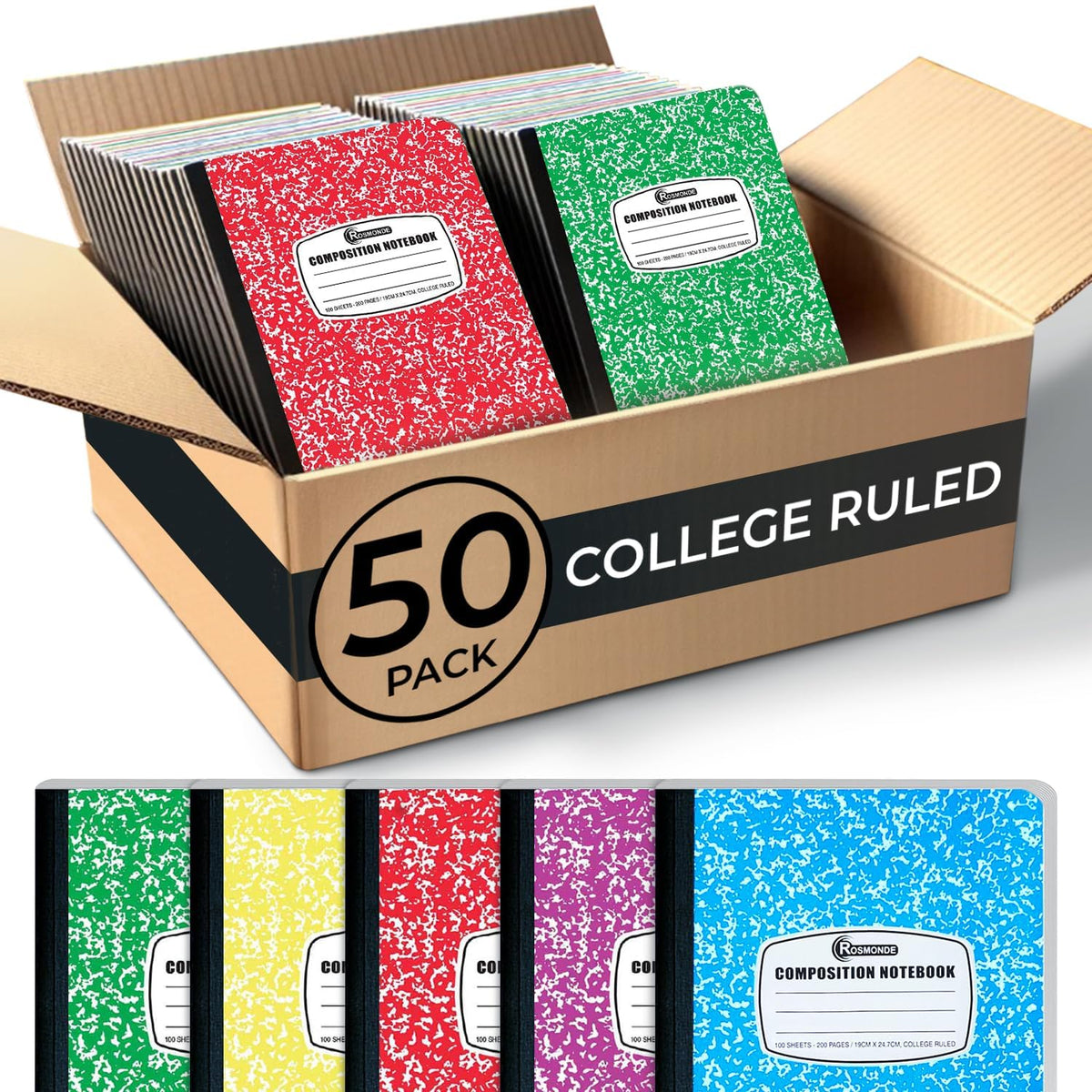 Rosmonde 5 Pack Composition Notebooks College Ruled, Color Marble Notebooks