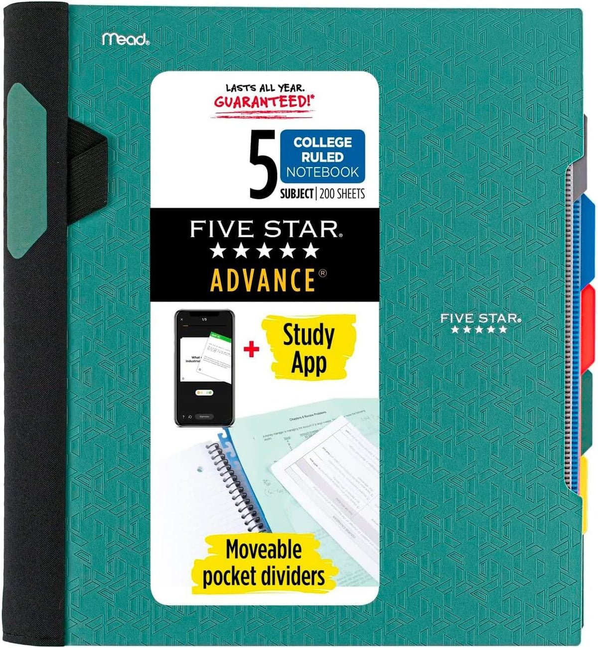 Five Star Advance Spiral Notebook + Study App, 5 Subject, College Ruled Paper, 8-1/2" x 11", 200 Sheets, Spiral Guard, Movable Tabbed Dividers, Fire Red (73146)