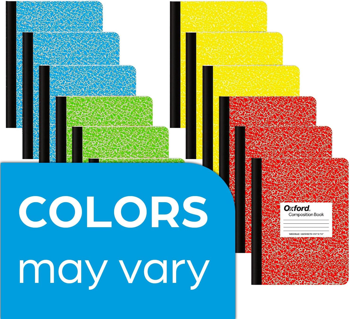 Oxford Composition Notebooks - Assorted Colored Marble Cover Wide Ruled Notebook - 9-3/4" X 7-1/2", Pack of 12 (100 sheets)