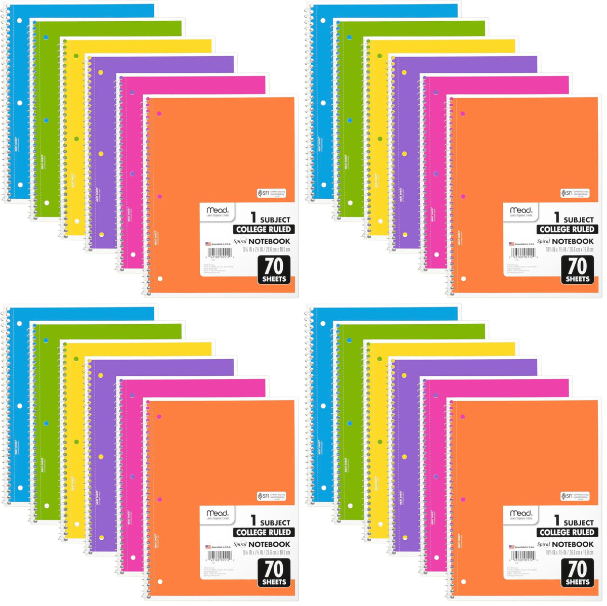 Mead Spiral Notebook, 6 Pack, 1 Subject, College Ruled Paper, 7-1/2" x 10-1/2", 70 Sheets per Notebook, Assorted Pastel Colors (830049)
