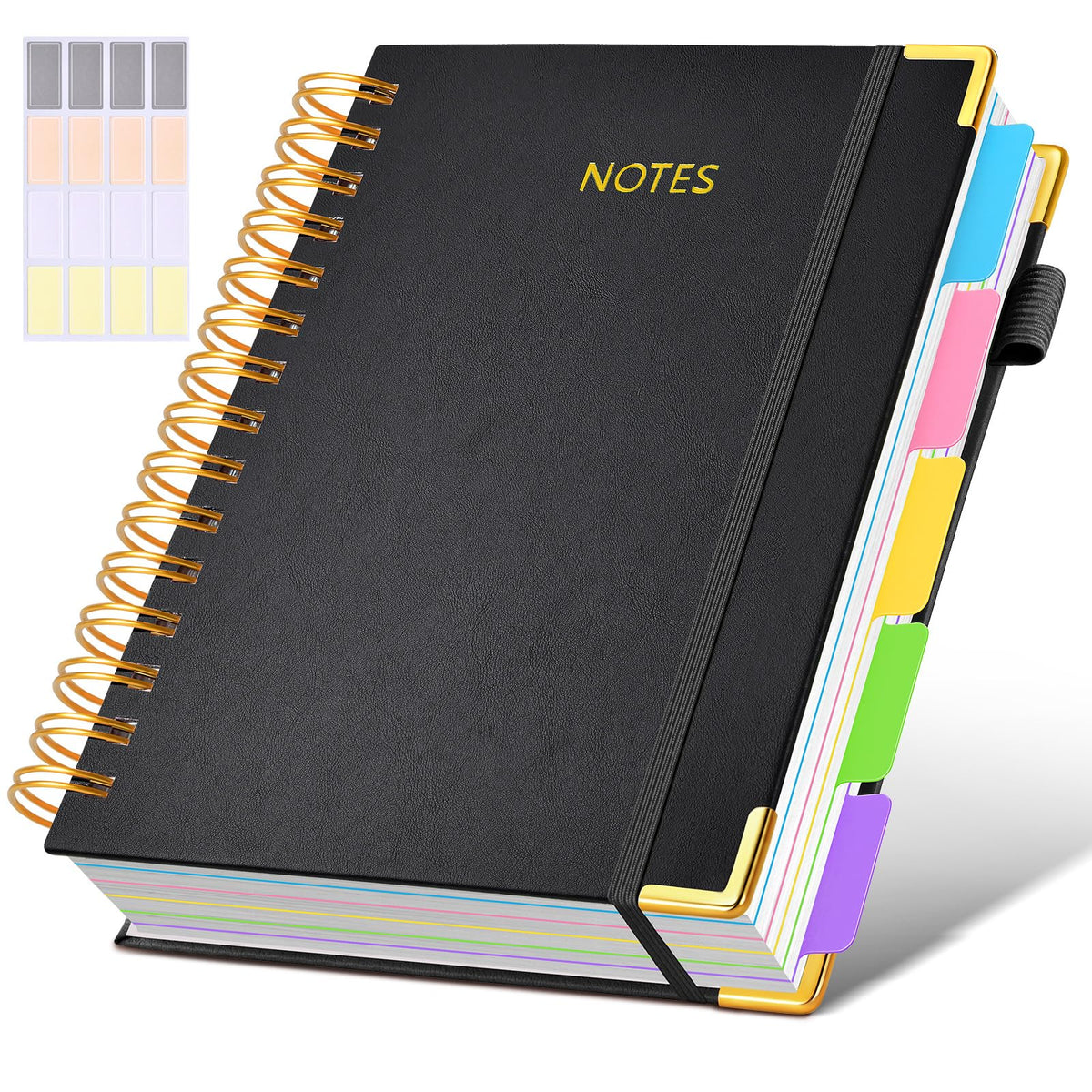 Hardcover Spiral Notebook journal with Removable Dividers Tabs, 300 Pages Leather 5 Subject Notebook College Ruled, 8"x10" Large B5 Notebooks for Work School Note taking, Lined Journal for Women,Black
