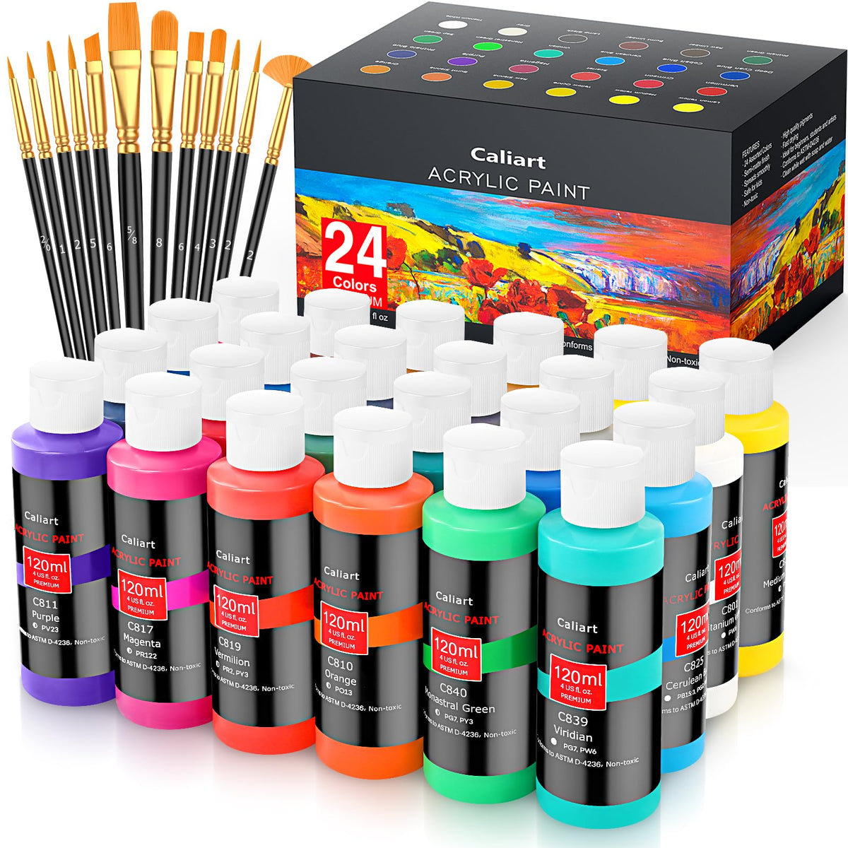 Caliart 36 Colors Acrylic Paint Set with 12 Brushes