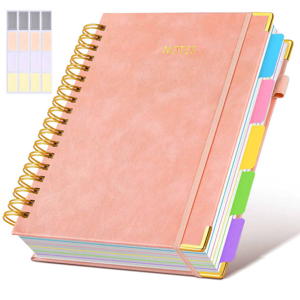Hardcover Spiral Notebook journal with Removable Dividers Tabs, 300 Pages Leather 5 Subject Notebook College Ruled, 8"x10" Large B5 Notebooks for Work School Note taking, Lined Journal for Women,Black