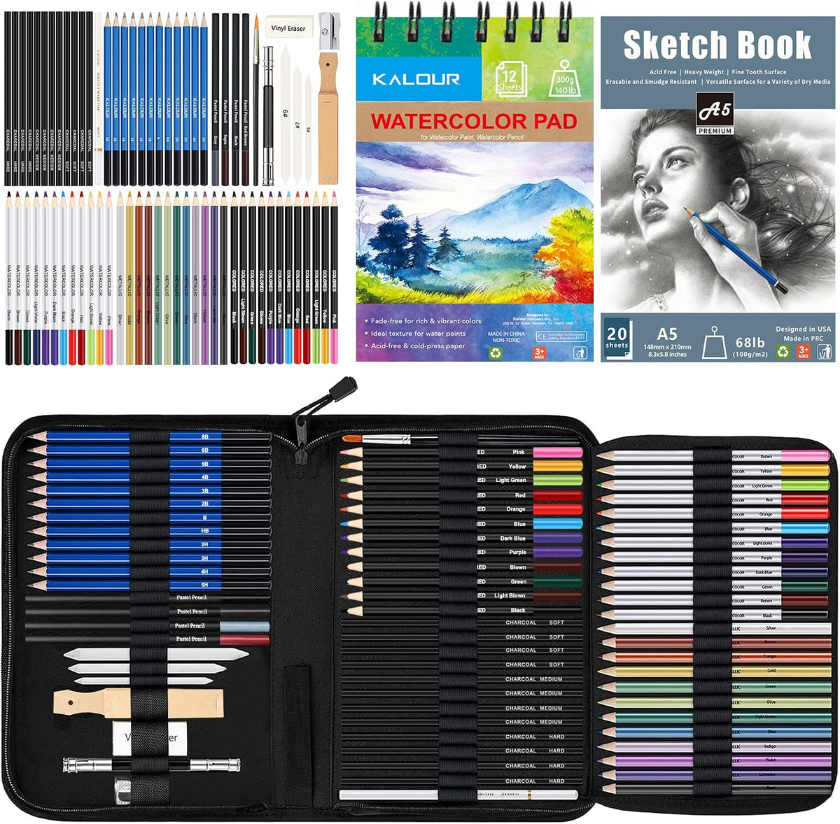 KALOUR 76 Drawing Sketching Kit Set - Pro Art Supplies with Sketchbook & Watercolor Paper - Include Tutorial,Pastel,Watercolor,Sketch,Colored,Metallic,Charcoal Pencils - for Artists Beginners Adults
