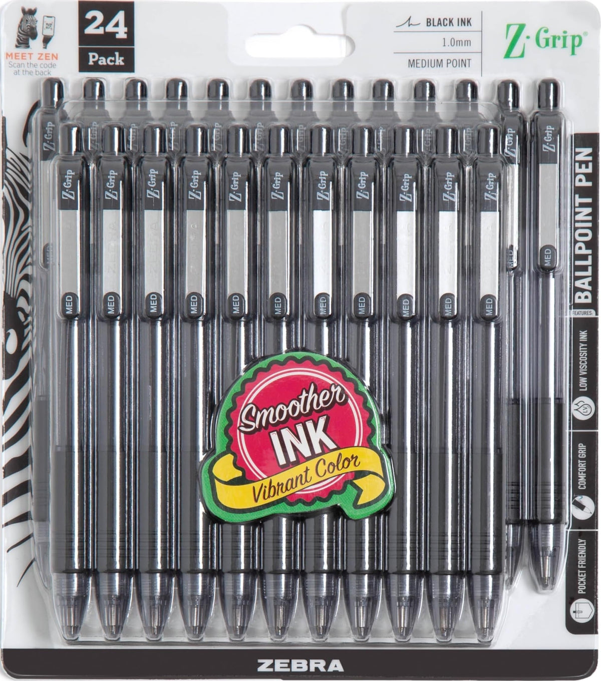 Zebra Pen Z-Grip Retractable Ballpoint Pen, Black Ink, 1.0mm, 18-Pack